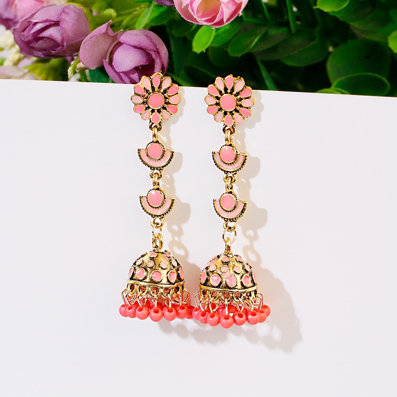 Indian Wedding Supply - Brincos Jhumka longos étnicos flor rosa